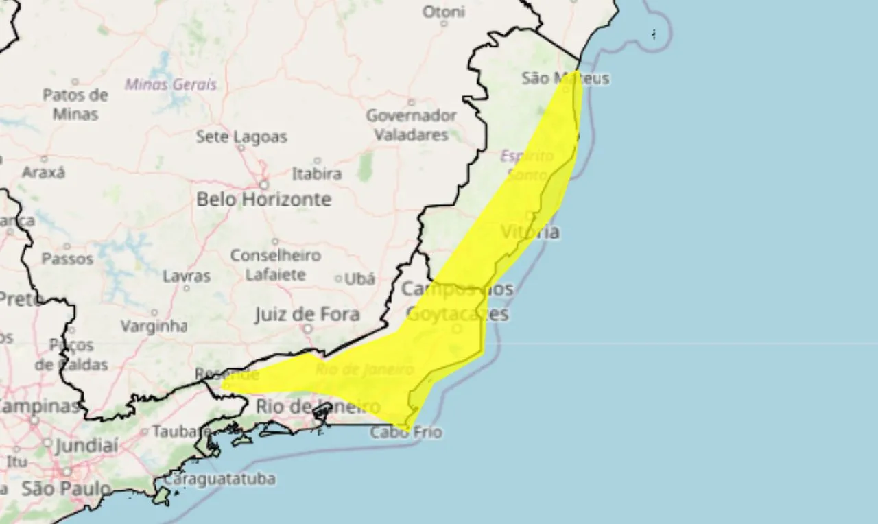 A imagem mostra as áreas em alerta para chuva intensa 